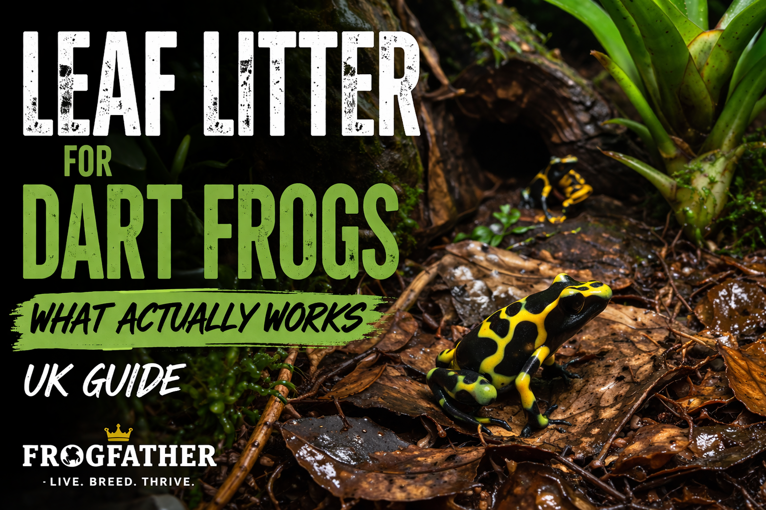 Layered leaf litter in a bioactive dart frog vivarium with frogs moving through natural forest floor