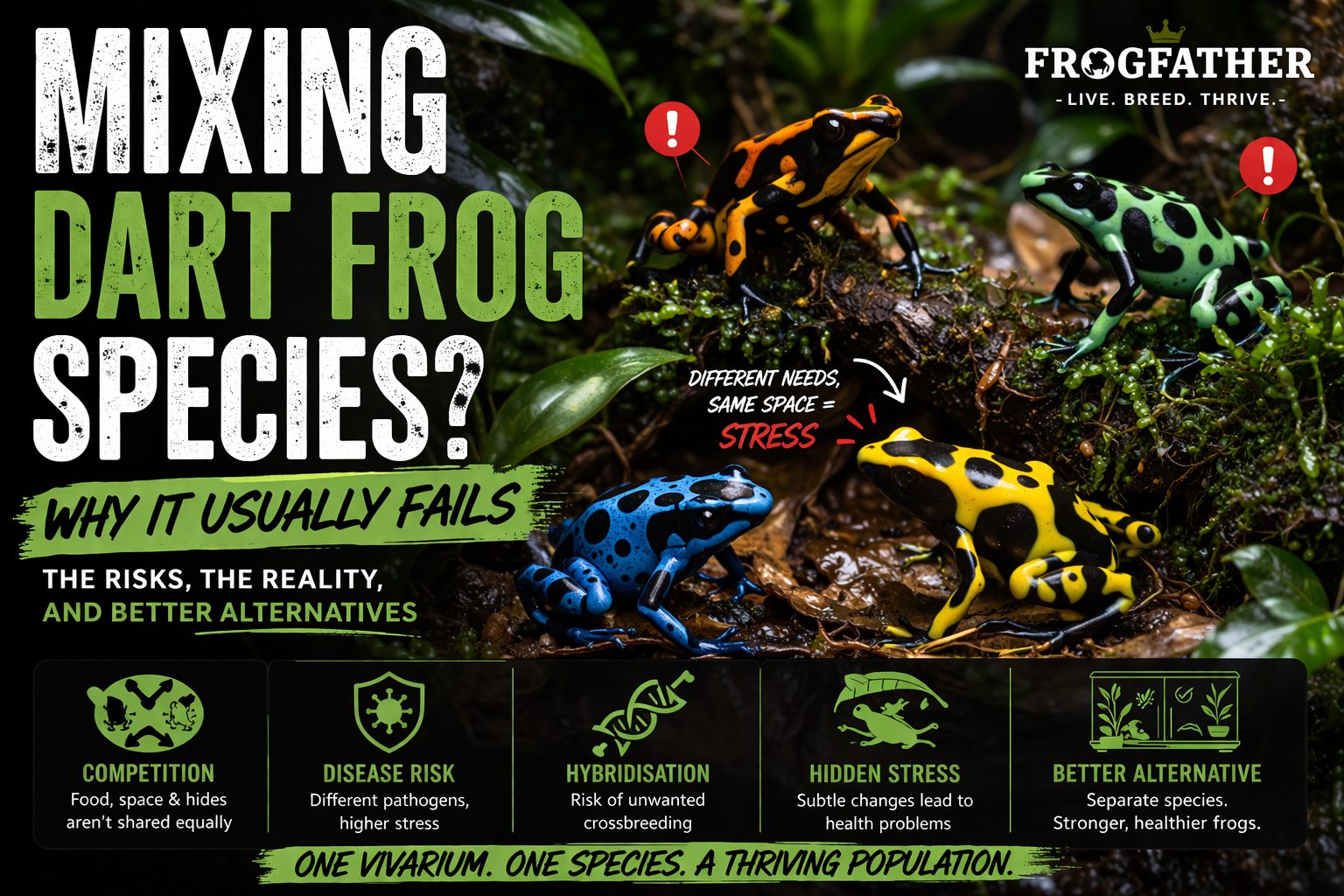 Different poison dart frog species together in one vivarium showing mixed colours and the risks of keeping multiple species together