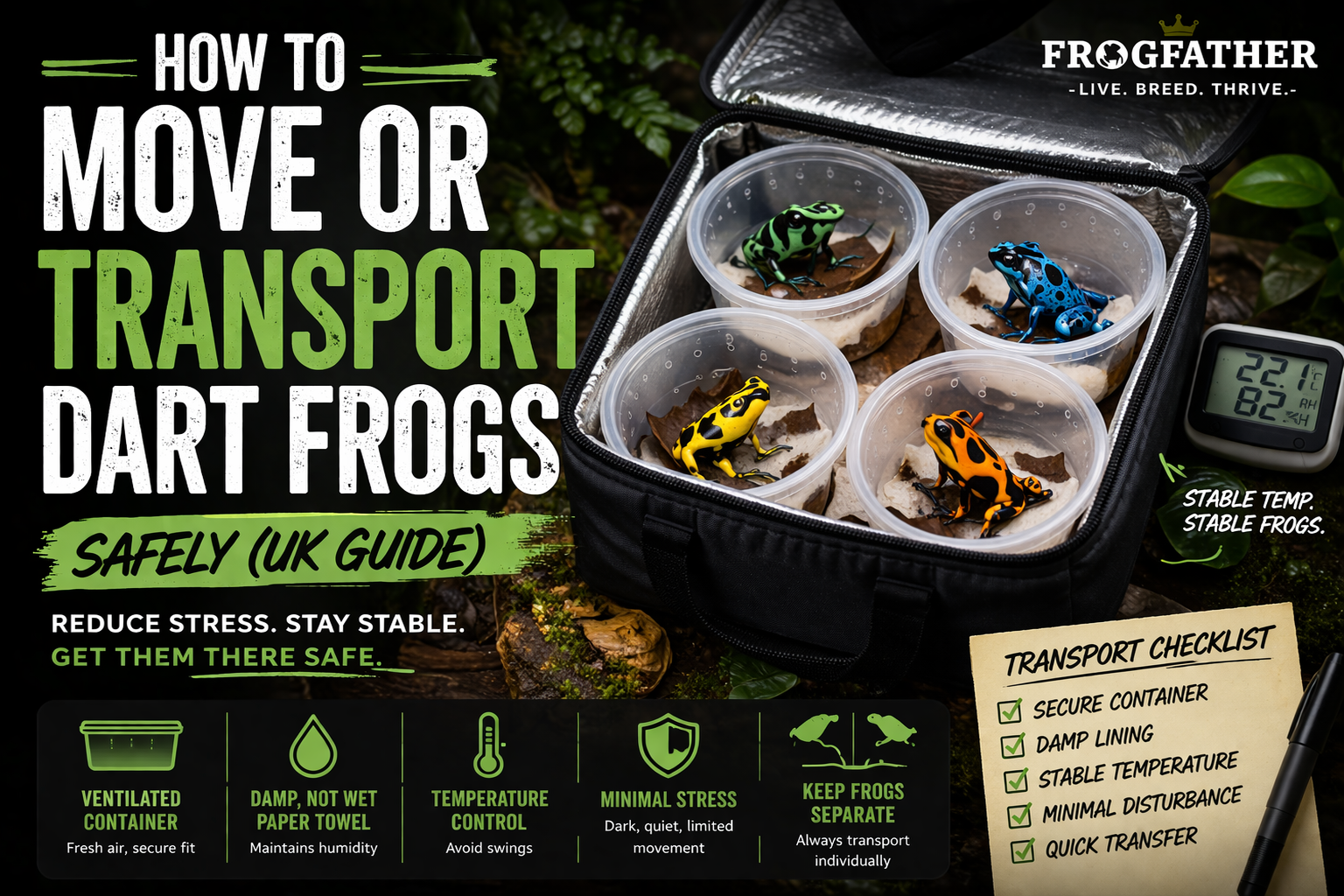 Dart frogs in ventilated transport cups inside insulated container with temperature control for safe UK transport