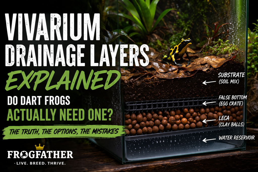 Vivarium drainage layer cross section with dart frog showing substrate, LECA and false bottom layers