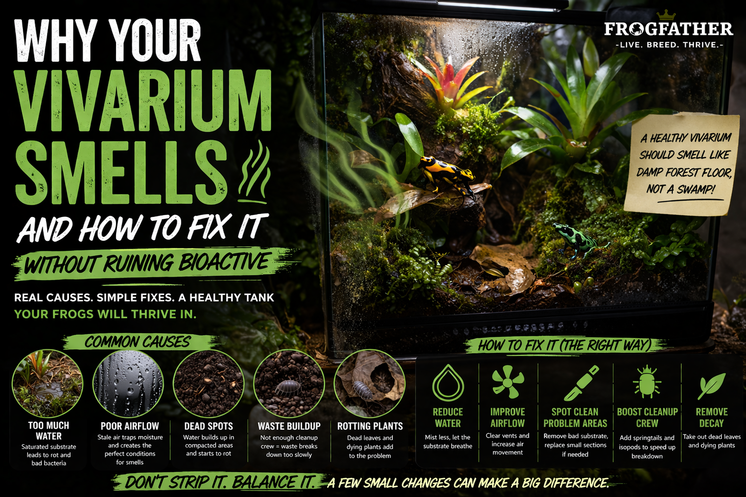 Bioactive dart frog vivarium with visible condensation and airflow issues showing causes of bad smells and how to fix them