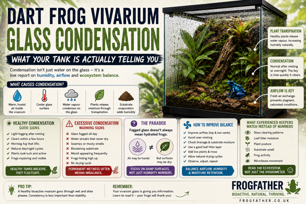 Glass condensation inside a tropical dart frog vivarium with bioactive plants and humid jungle environment