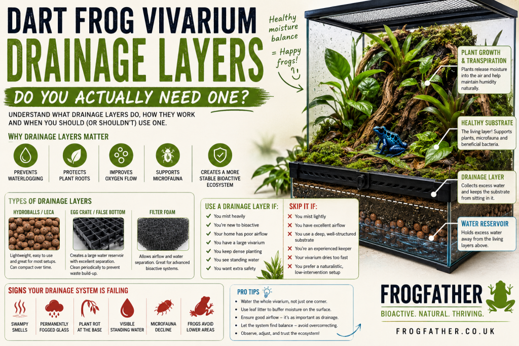 Educational infographic showing dart frog vivarium drainage layers, false bottoms, substrate moisture balance and bioactive vivarium water management for UK keepers