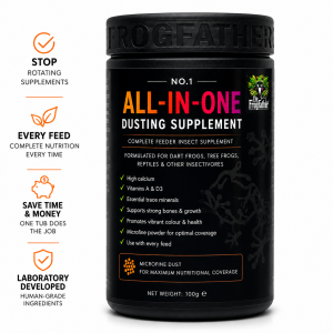 Frogfather All-In-One Vitamin and Mineral Dusting Supplement for feeder insects with benefits including every-feed use, complete nutrition and simplified supplementation for dart frogs and other insect-eating exotics.