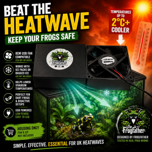 3D printed Frogfather vivarium cooling box using USB fan and ice packs to help cool dart frog vivariums during UK heatwaves