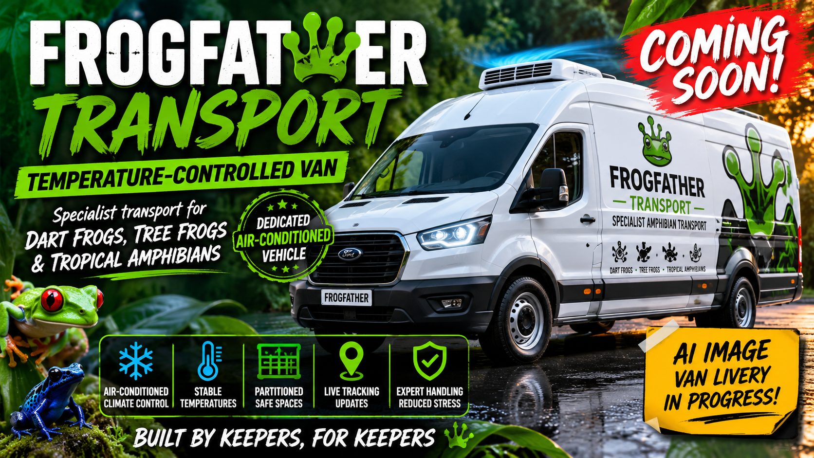 ALT TEXT Frogfather specialist amphibian transport service coming soon featuring a temperature-controlled van designed for dart frogs, tree frogs and tropical amphibians with live tracking and climate-controlled transport.