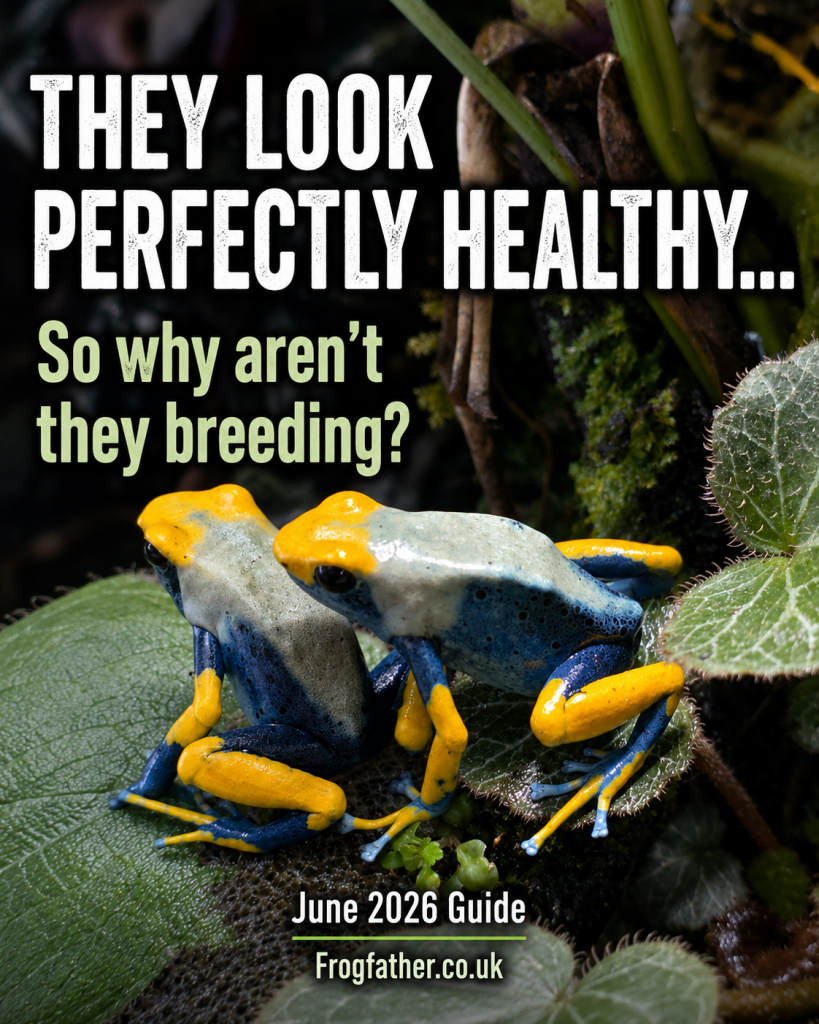 Two healthy yellow-headed dart frogs sitting together in a planted vivarium, used to explain why some dart frogs look healthy but do not breed.