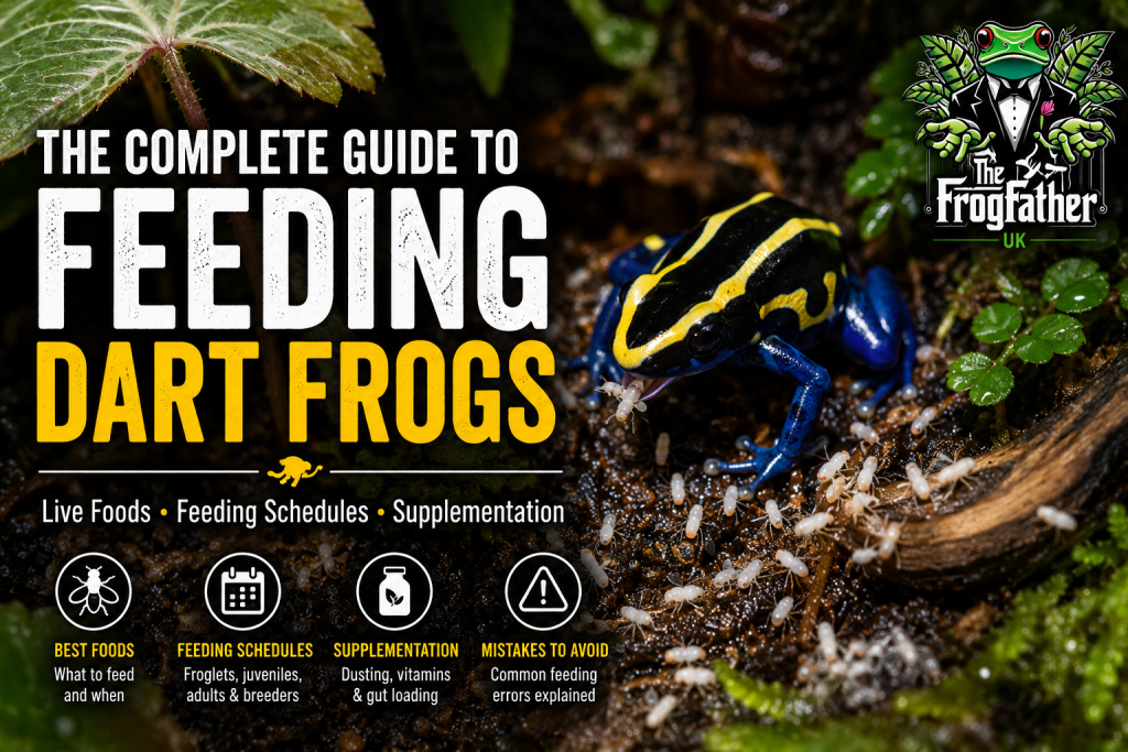 Blue poison dart frog hunting vitamin-dusted fruit flies on the floor of a bioactive vivarium.