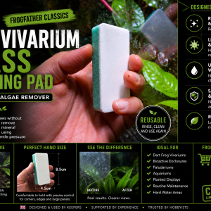 Frogfather Classics Vivarium Glass Cleaning Pad infographic showing the reusable frog-safe cleaning pad for removing limescale, algae film and water marks from vivarium glass.