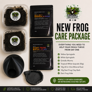 Frogfather New Dart Frog Care Package including yellow springtails, white springtails, tropical white isopods, grindle worms, mineral dust, clay bath and a dart frog hide for bioactive vivariums.