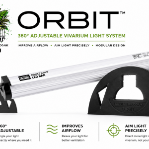 Frogfather Orbit™ adjustable vivarium light riser fitted to an Arcadia Jungle Dawn LED, showing the modular 360° rotating light mount that improves airflow and directs light into the vivarium.