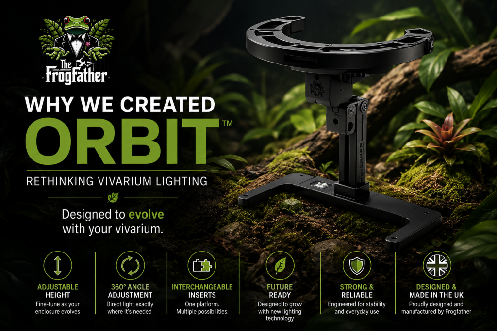 Frogfather ORBIT adjustable vivarium lighting system with adjustable height, 360-degree angle control and interchangeable inserts.