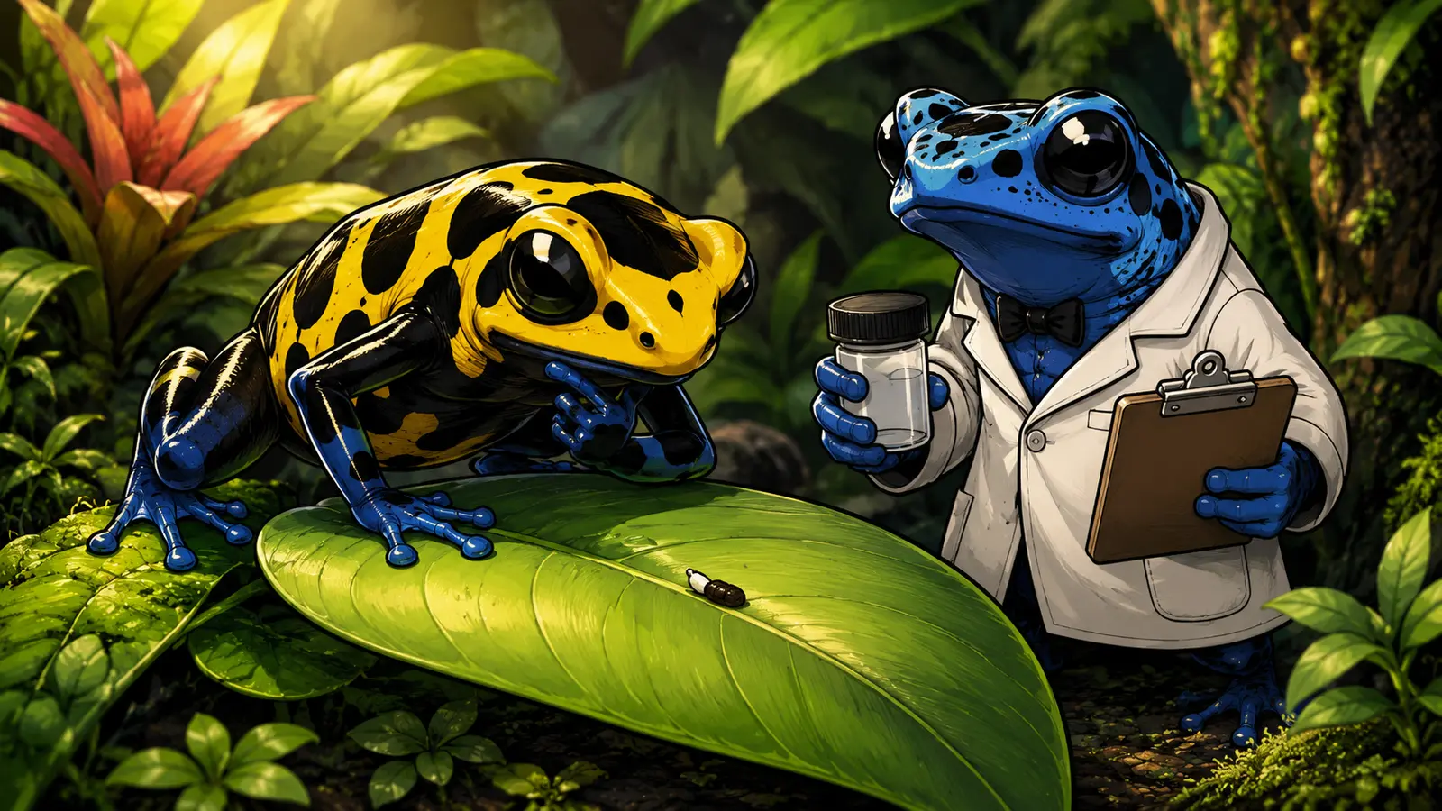 Cartoon dart frog inspecting a dropping on a leaf while another frog holds a sample pot and clipboard
