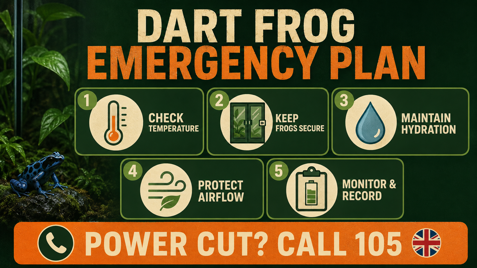 Dart frog emergency plan showing five priorities during a power cut: temperature, security, hydration, airflow and monitoring