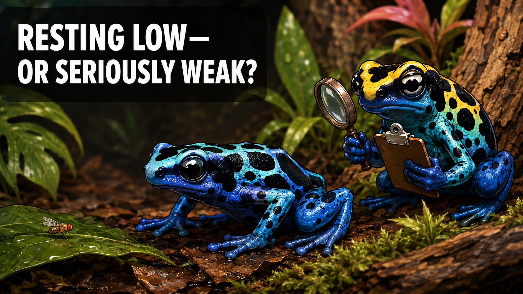Cartoon blue dart frog crouching to hunt a fruit fly while another frog examines its posture with a clipboard
