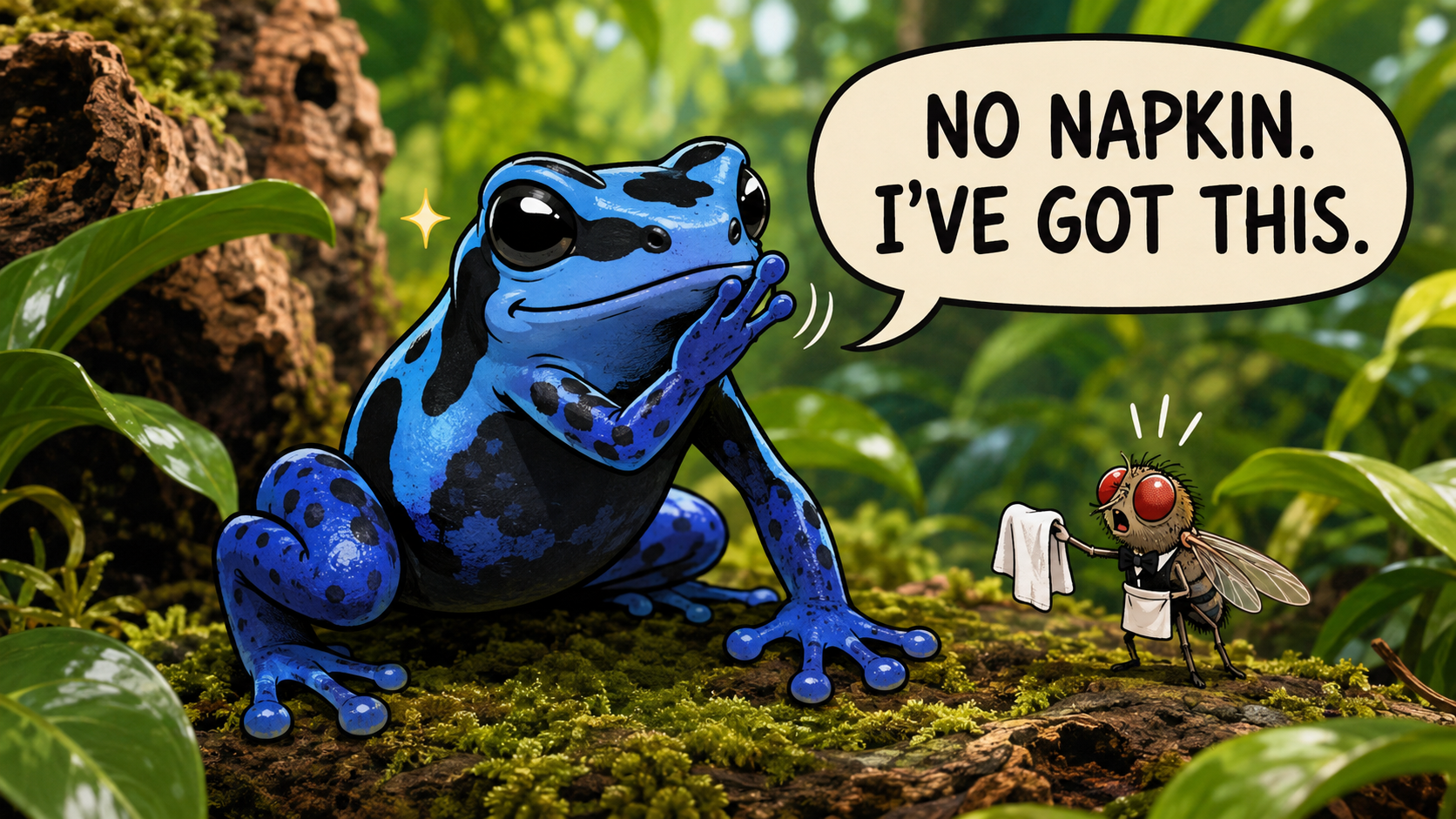 Cartoon blue dart frog wiping its mouth while refusing a napkin offered by a fruit fly waiter