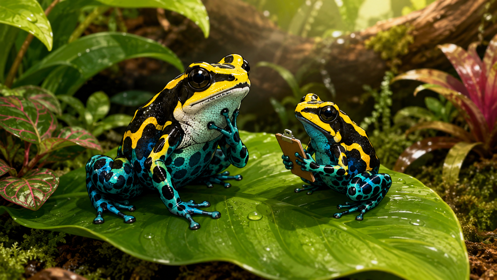 Cartoon dart frog touching its throat while another dart frog watches with a tiny clipboard