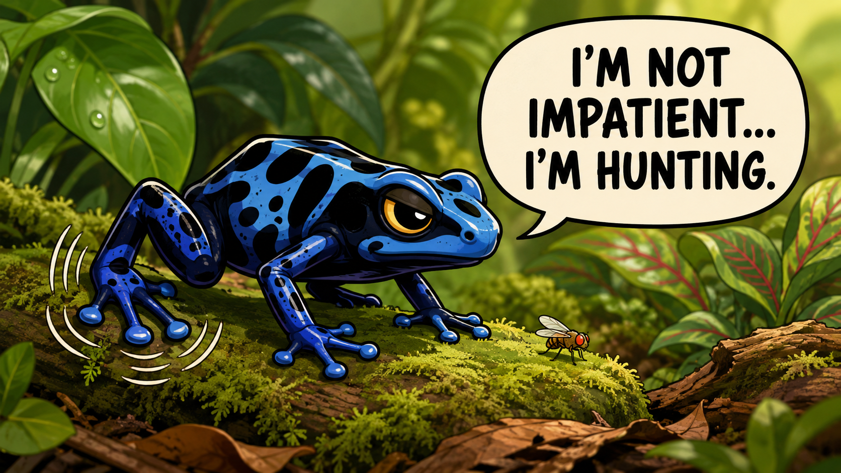 Cartoon blue dart frog tapping its hind toes while stalking a fruit fly, saying I’m not impatient, I’m hunting