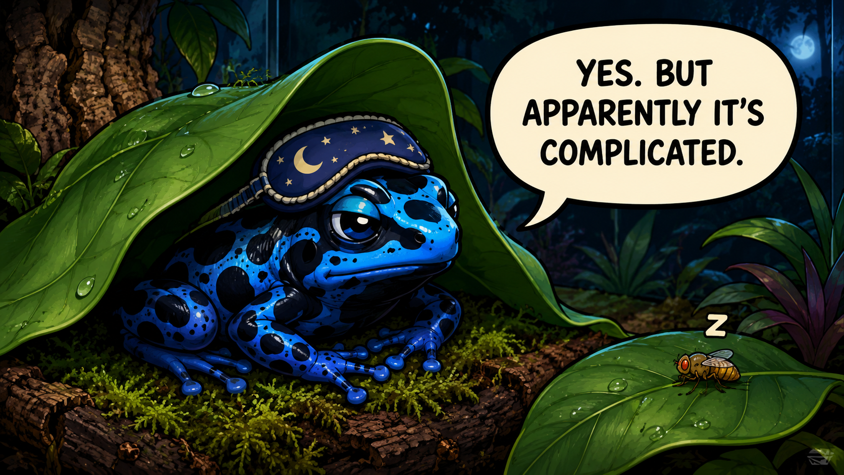 Cartoon blue dart frog resting beneath a leaf with a sleep mask, saying yes, but apparently it’s complicated