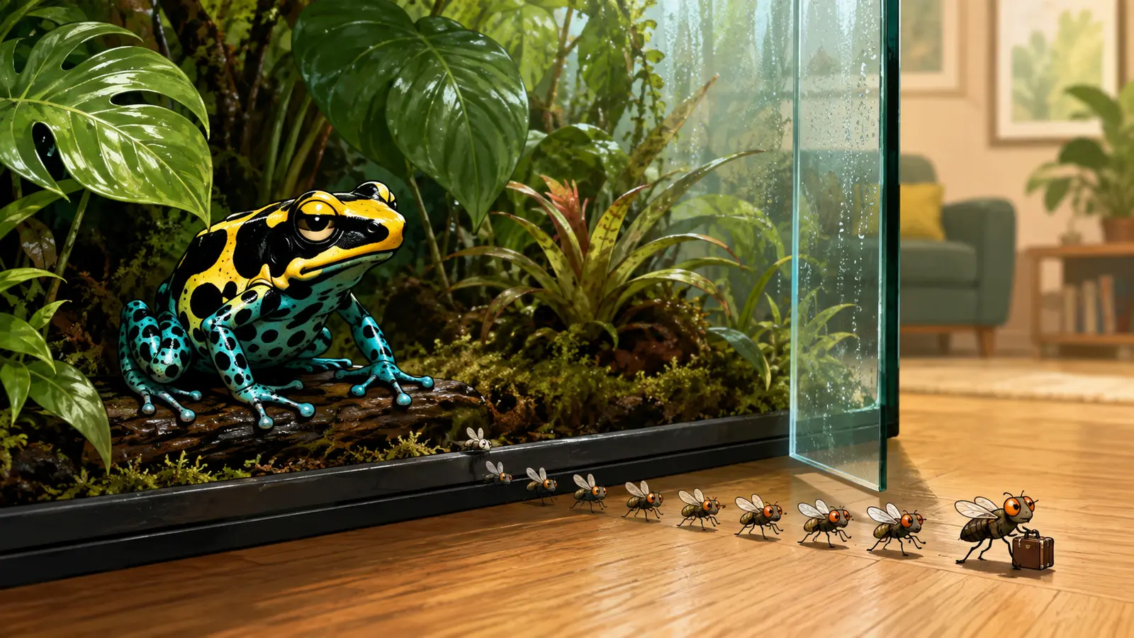 Cartoon dart frog watching a line of fruit flies escape from an open vivarium, led by a fly carrying a suitcase