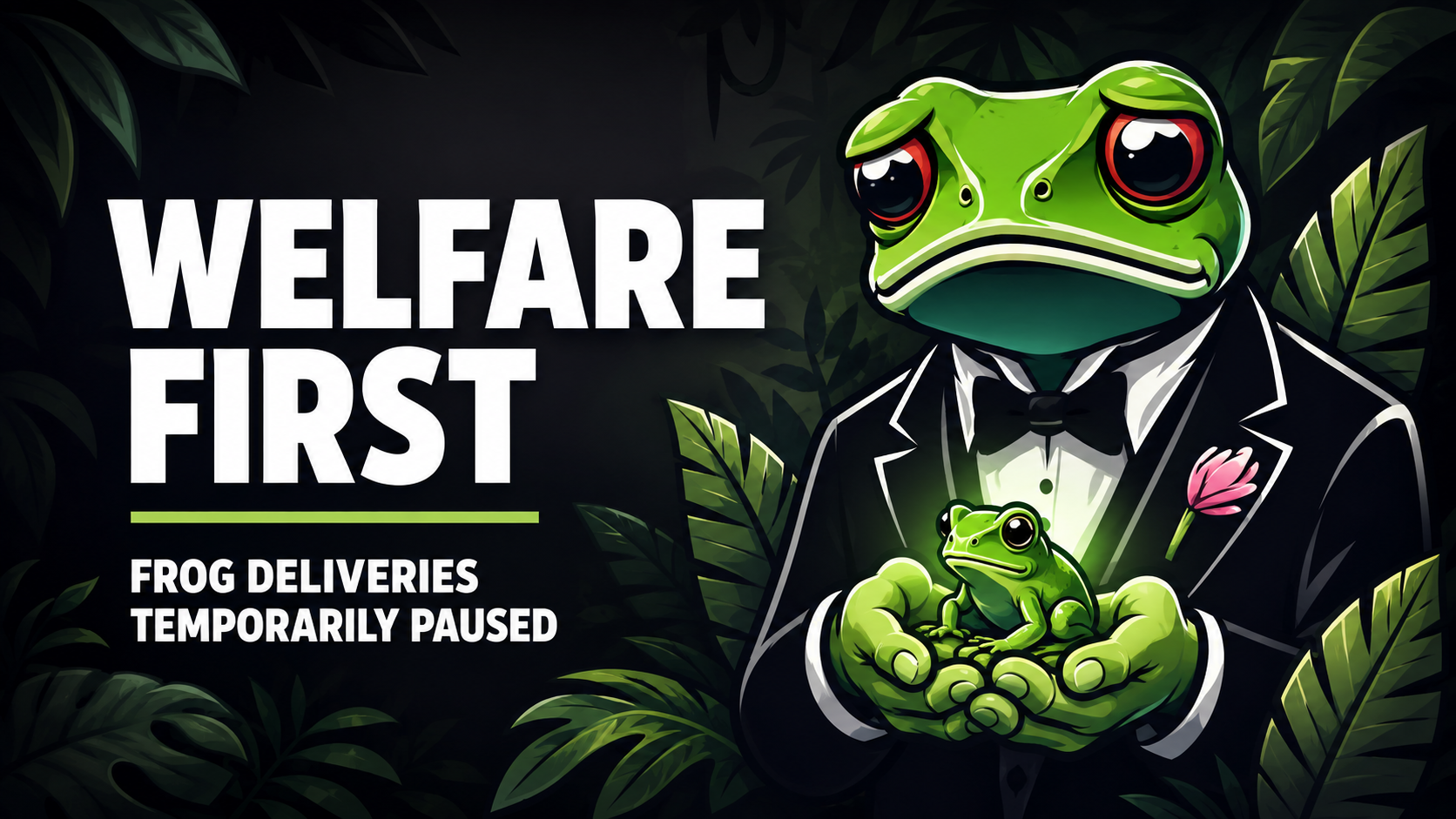 The concerned Frogfather protecting a small frog with the message Welfare First – Frog Deliveries Temporarily Paused.