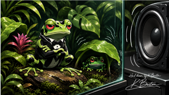 Cartoon tuxedo-wearing dart frog looking unimpressed at a vibrating speaker beside its tropical vivarium
