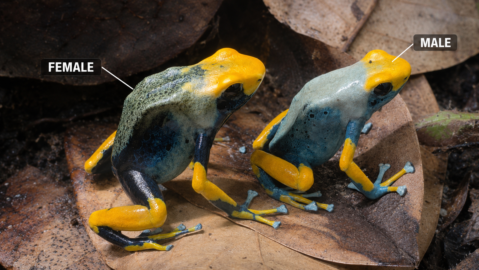 Pair of peacock dart frogs with the larger female labelled on the left and the slimmer male labelled on the right
