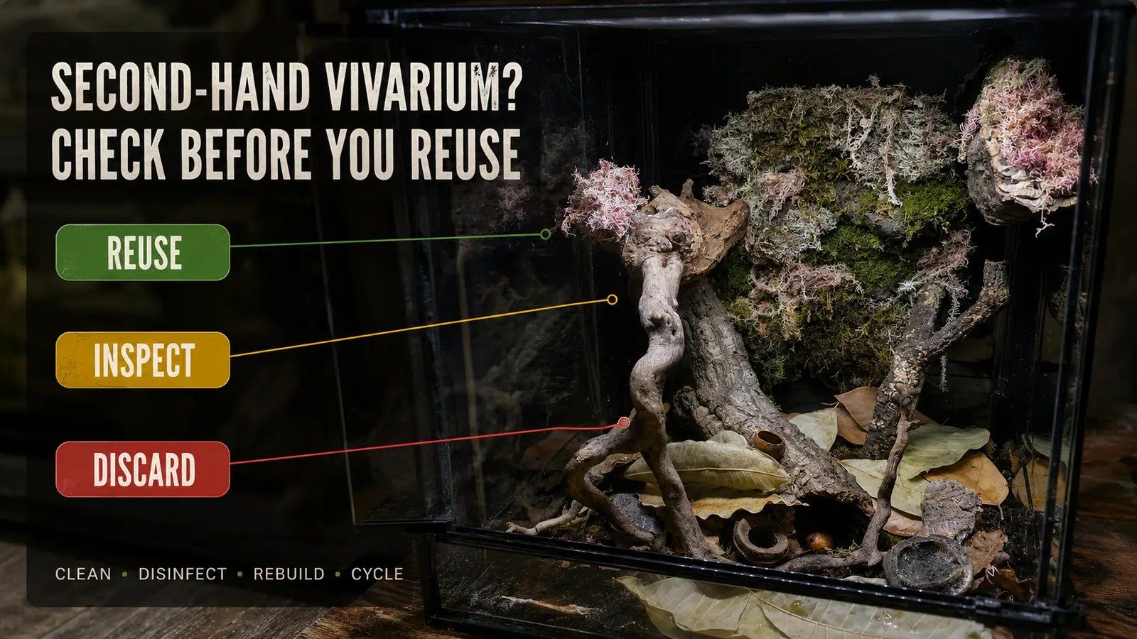 Second-hand dart frog vivarium with reuse, inspect and discard safety checklist
