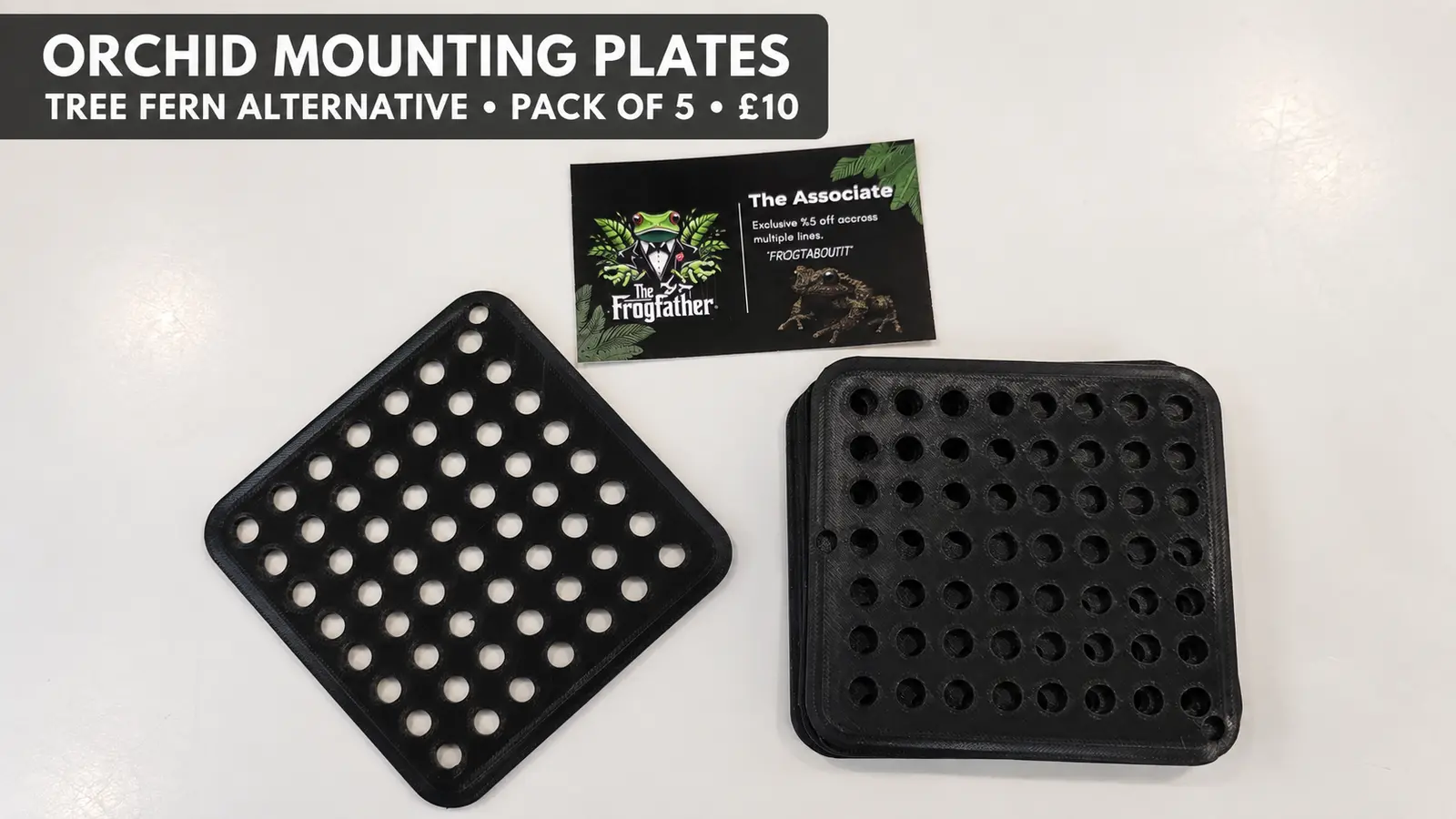 3D-Printed Orchid Mounting Plates / Boards – Tree Fern Alternative 1 Five black 3D-printed orchid mounting plates with holes for roots and cable ties