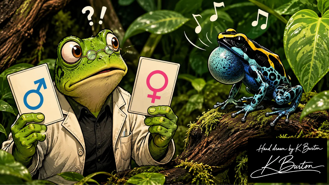Cartoon frog researcher comparing male and female symbols while a colourful dart frog produces a mating call