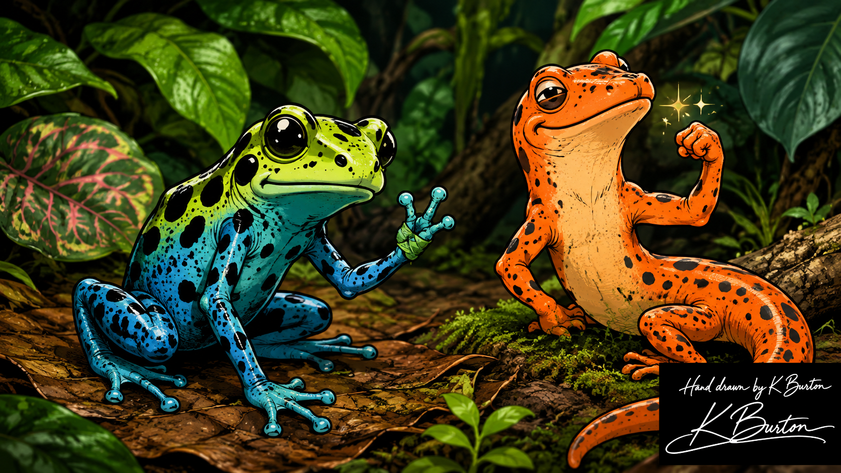 Cartoon dart frog examining a bandaged toe while a salamander proudly shows off its regenerative ability