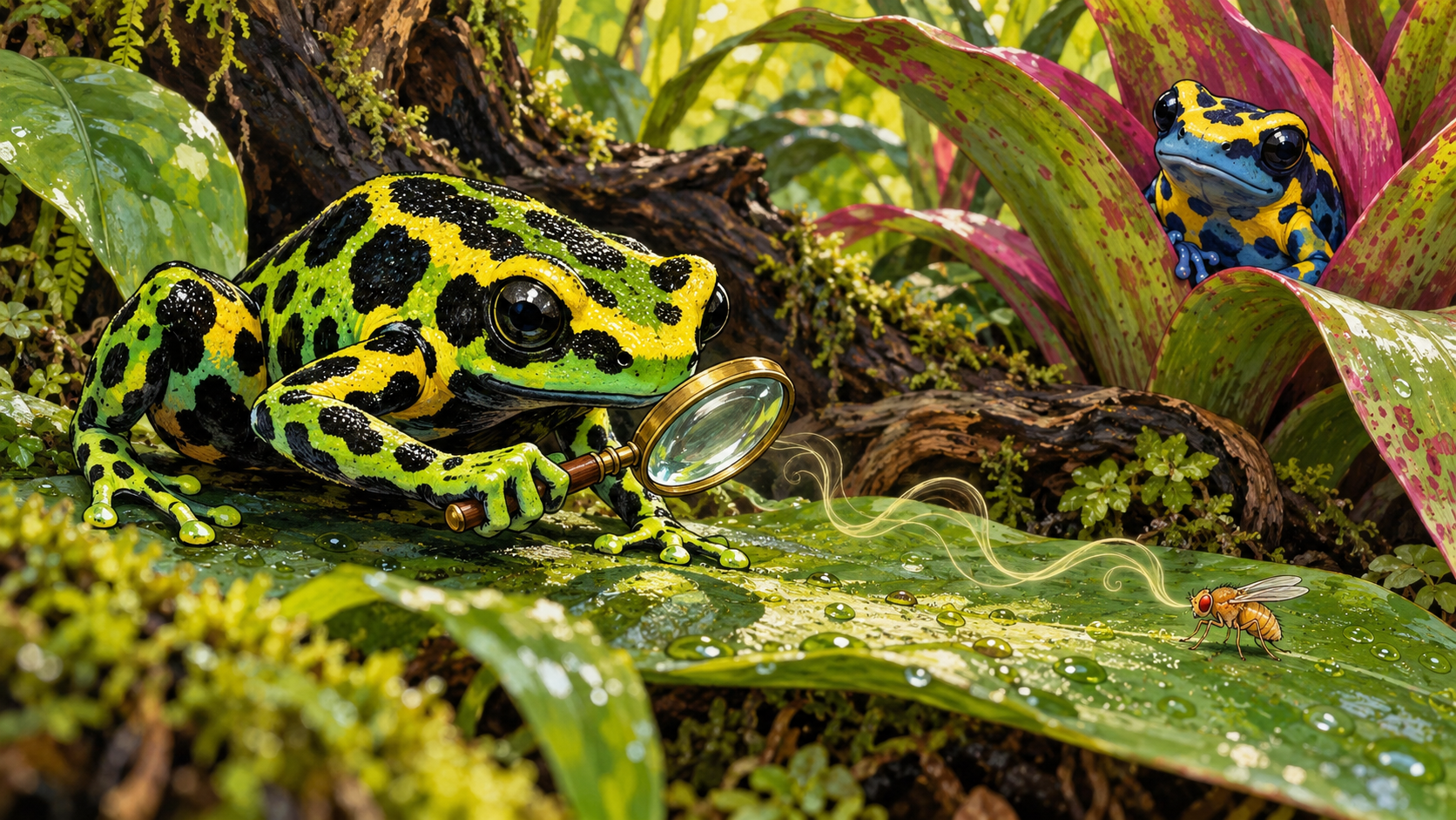 Cartoon dart frog using a magnifying glass to follow a scent trail towards a fruit fly