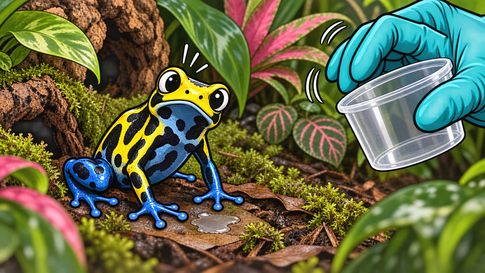 Cartoon dart frog sitting innocently beside a small puddle while a gloved keeper reaches for a clear catch cup