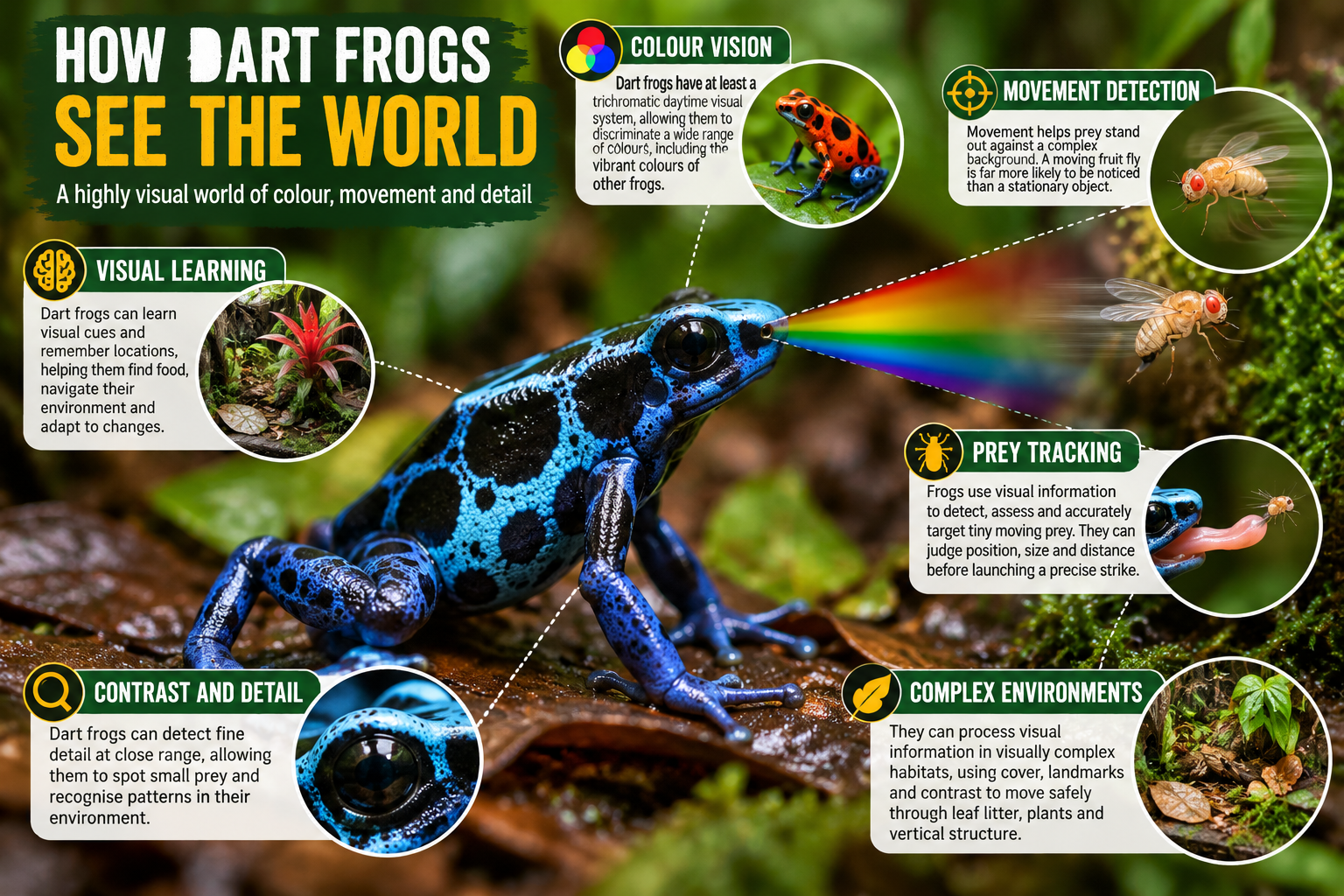 Educational infographic explaining dart frog vision, including colour perception, movement detection, visual learning and prey tracking.