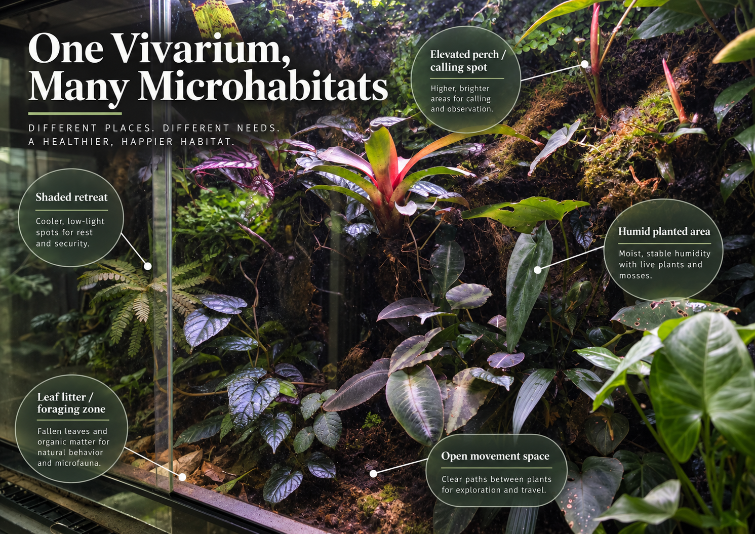 Mature planted dart frog vivarium showing different microhabitats including shaded cover, leaf litter, elevated plants and open feeding areas.