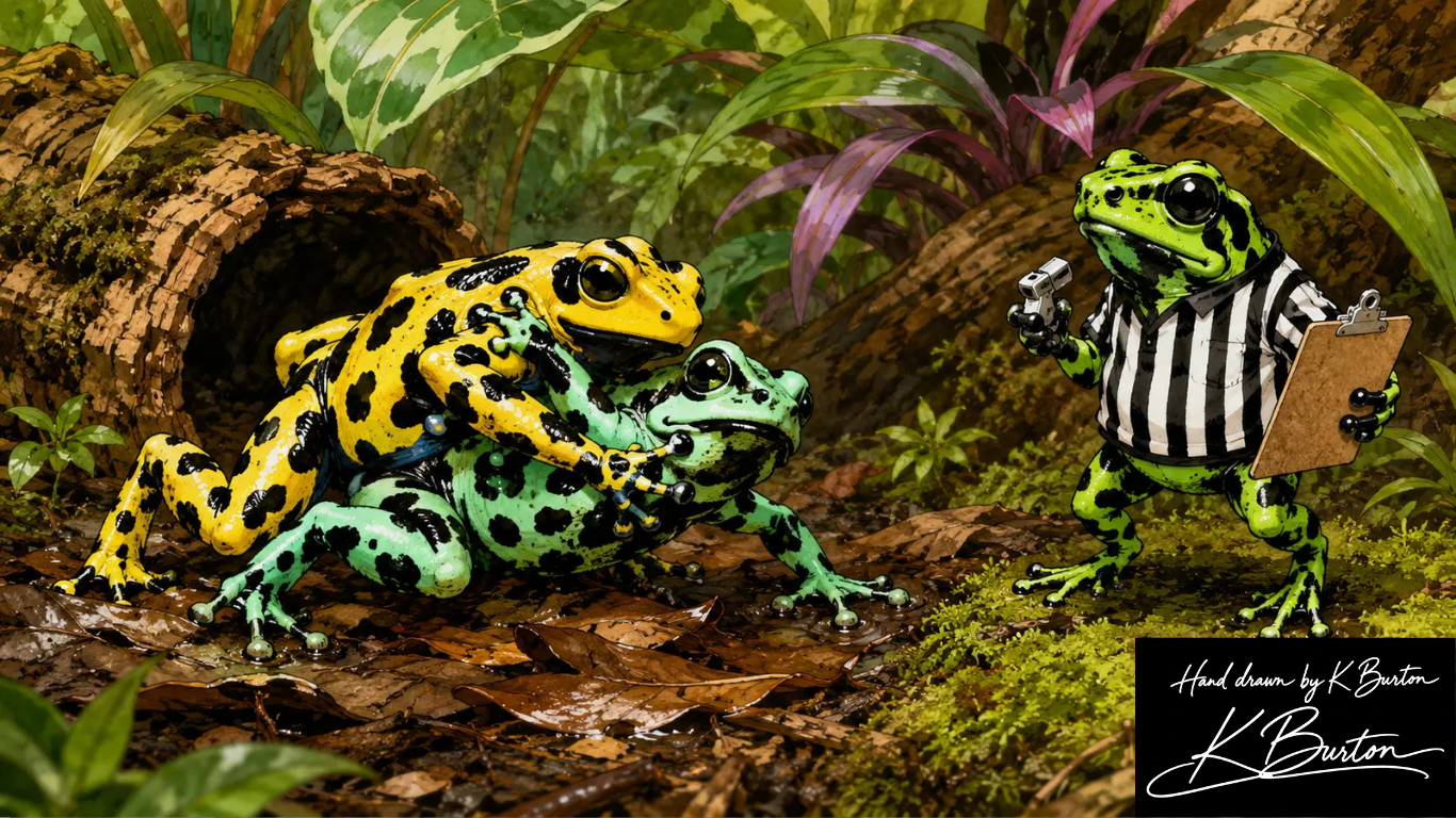 Cartoon dart frog referee watching two dart frogs wrestle on leaf litter inside a tropical vivarium