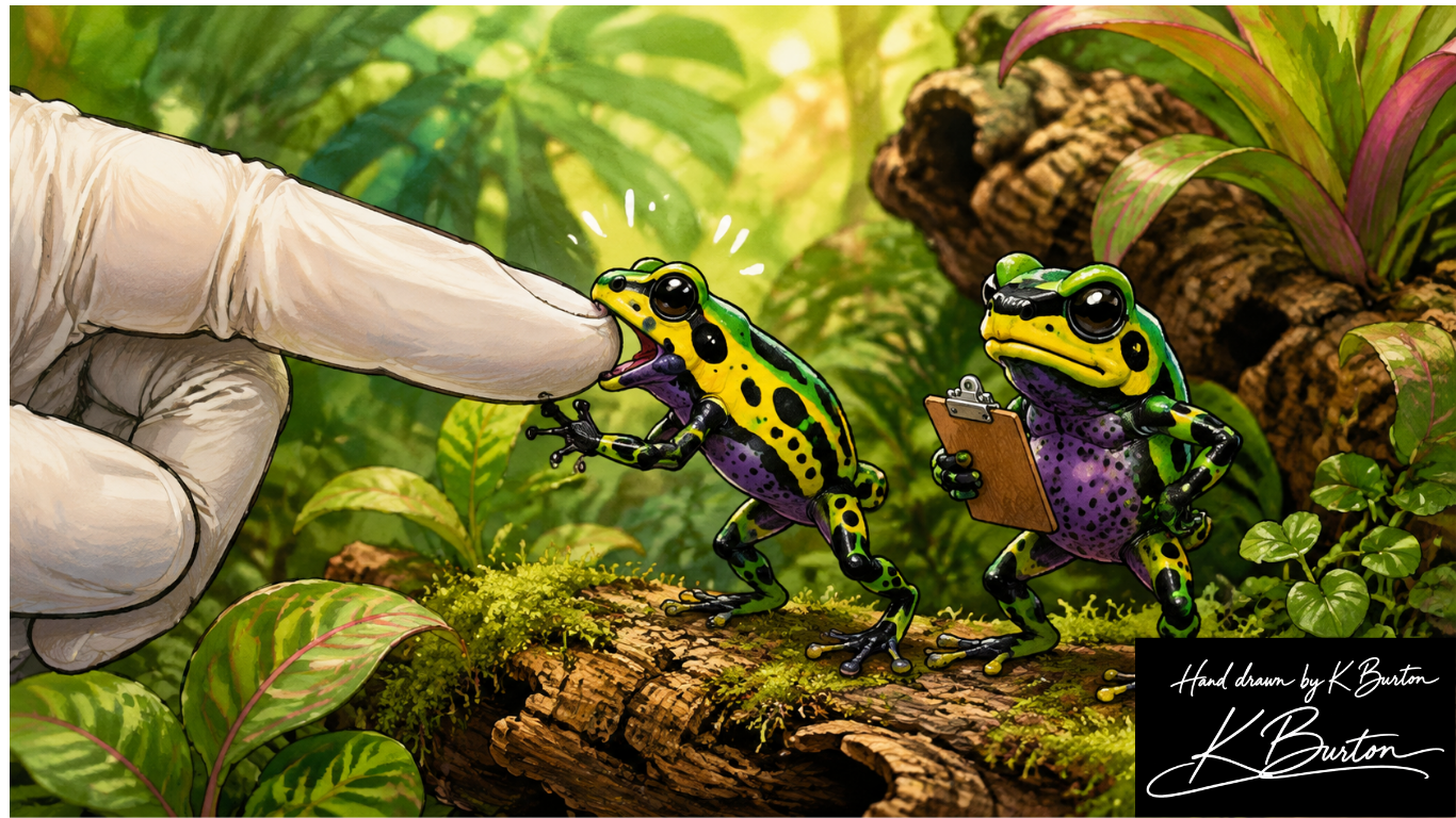 Cartoon dart frog making a tiny defensive snap at a gloved fingertip while another frog watches with a clipboard