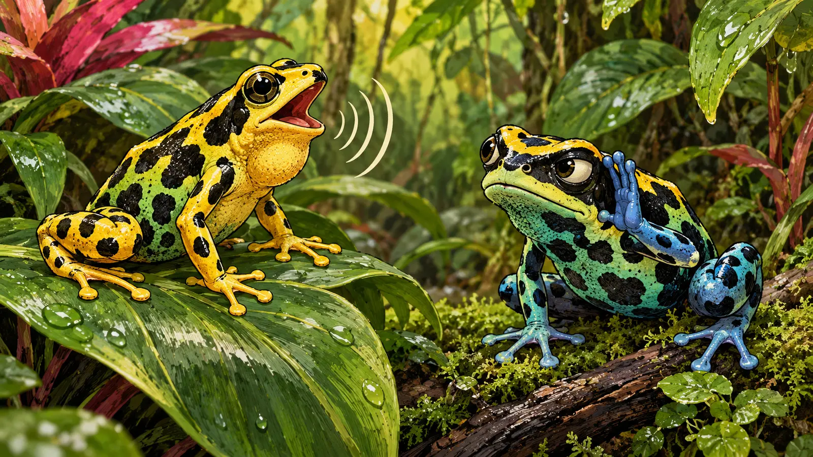 Cartoon dart frog listening with one foot beside its eye while another dart frog calls from a leaf