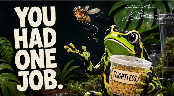 Cartoon dart frog holding a culture labelled flightless while a fruit fly wearing aviator goggles flies away