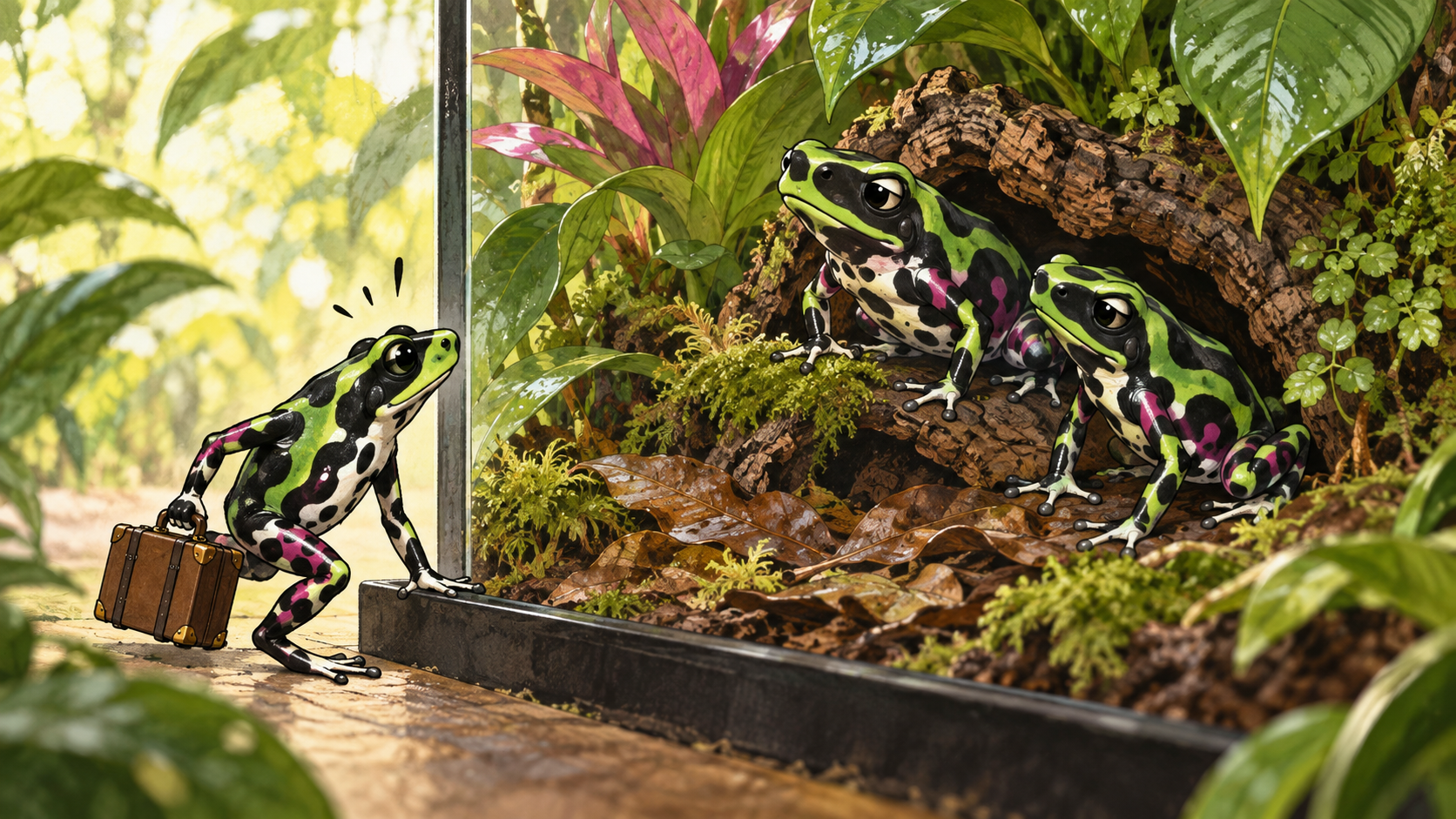 Cartoon newcomer dart frog carrying a tiny suitcase while an established pair watch cautiously from inside their vivarium