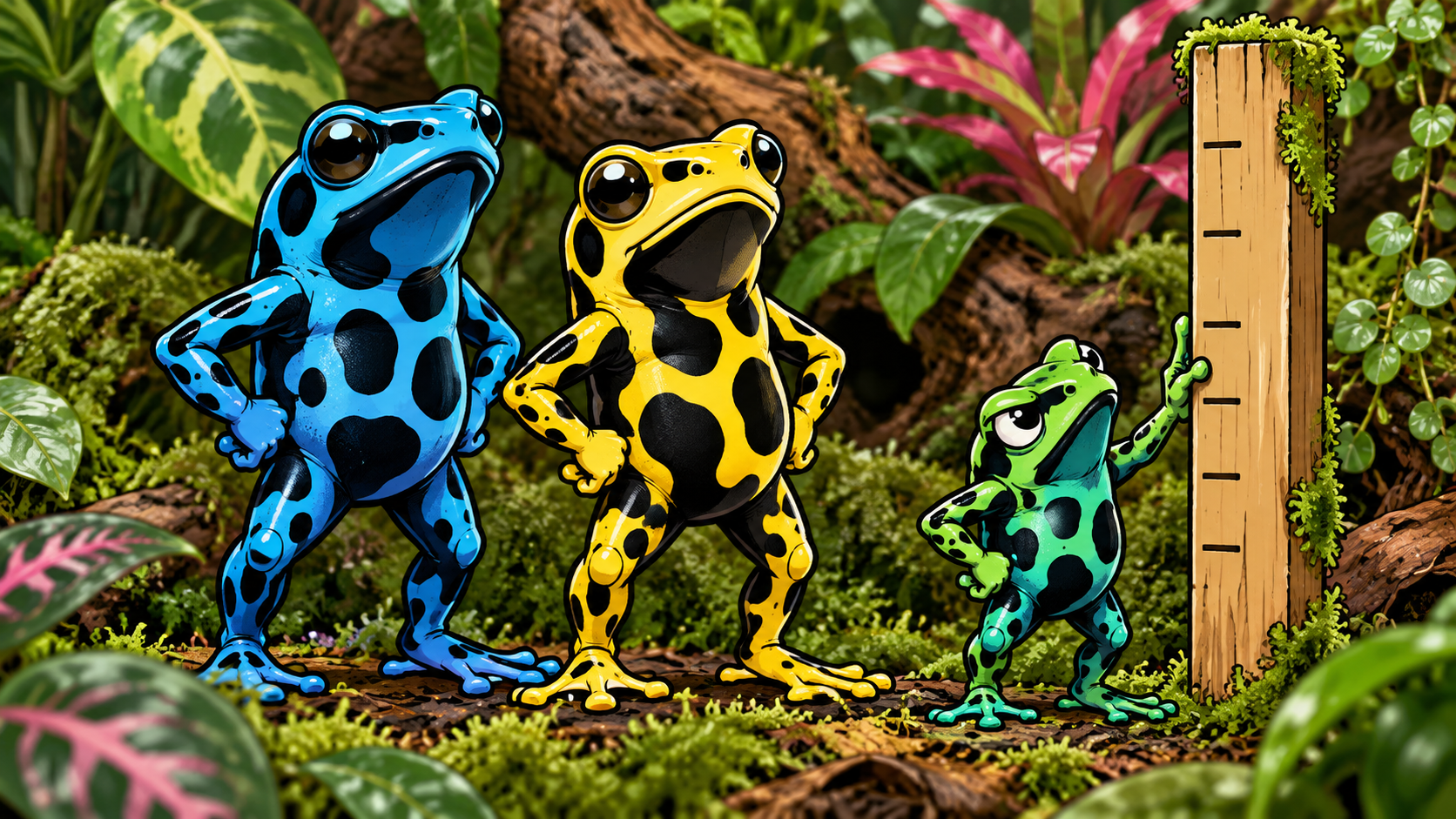 Cartoon showing two large dart frogs and one smaller healthy dart frog standing beside a wooden height chart