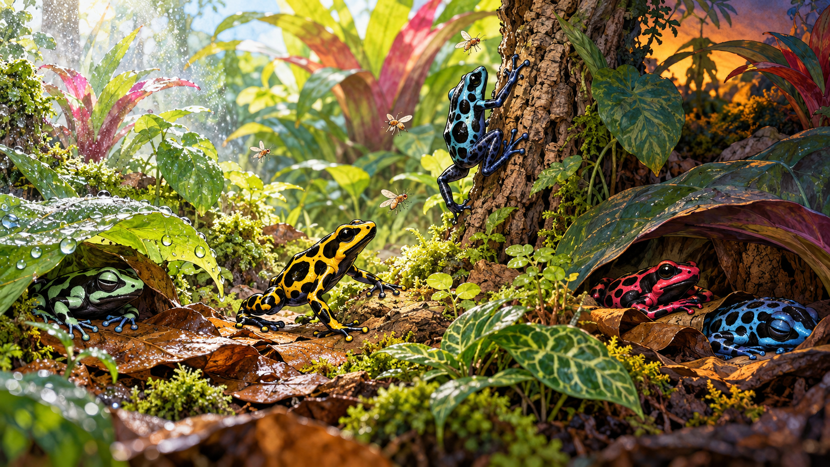 Cartoon dart frogs emerging after morning mist, hunting during the day and resting beneath leaves towards evening