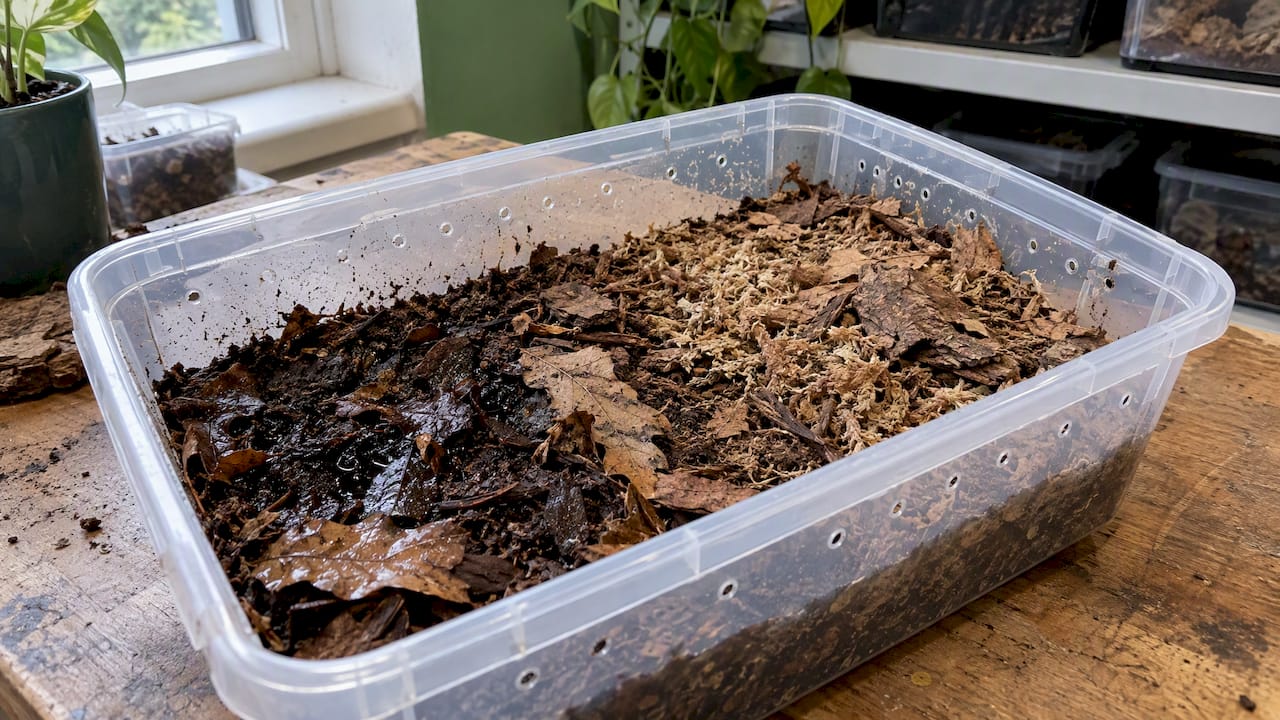 Ventilated tub showing damp and dry substrate zones