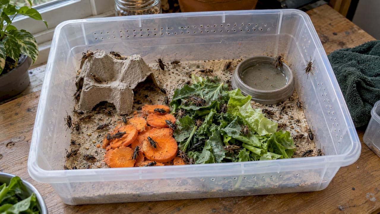 Crickets eating carrot and greens in a tub