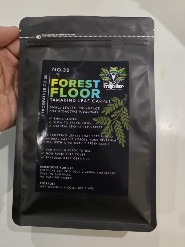 Frogfather Forest Floor pouch held at a slight angle with the tamarind leaf label visible