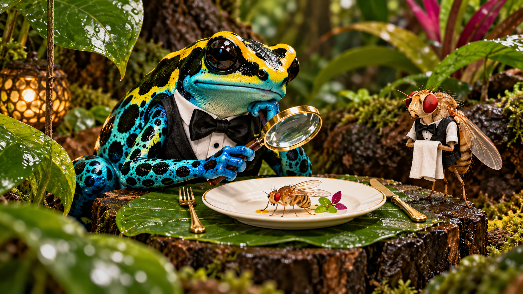 Cartoon dart frog using a magnifying glass to inspect a fruit fly served by a tiny fly waiter