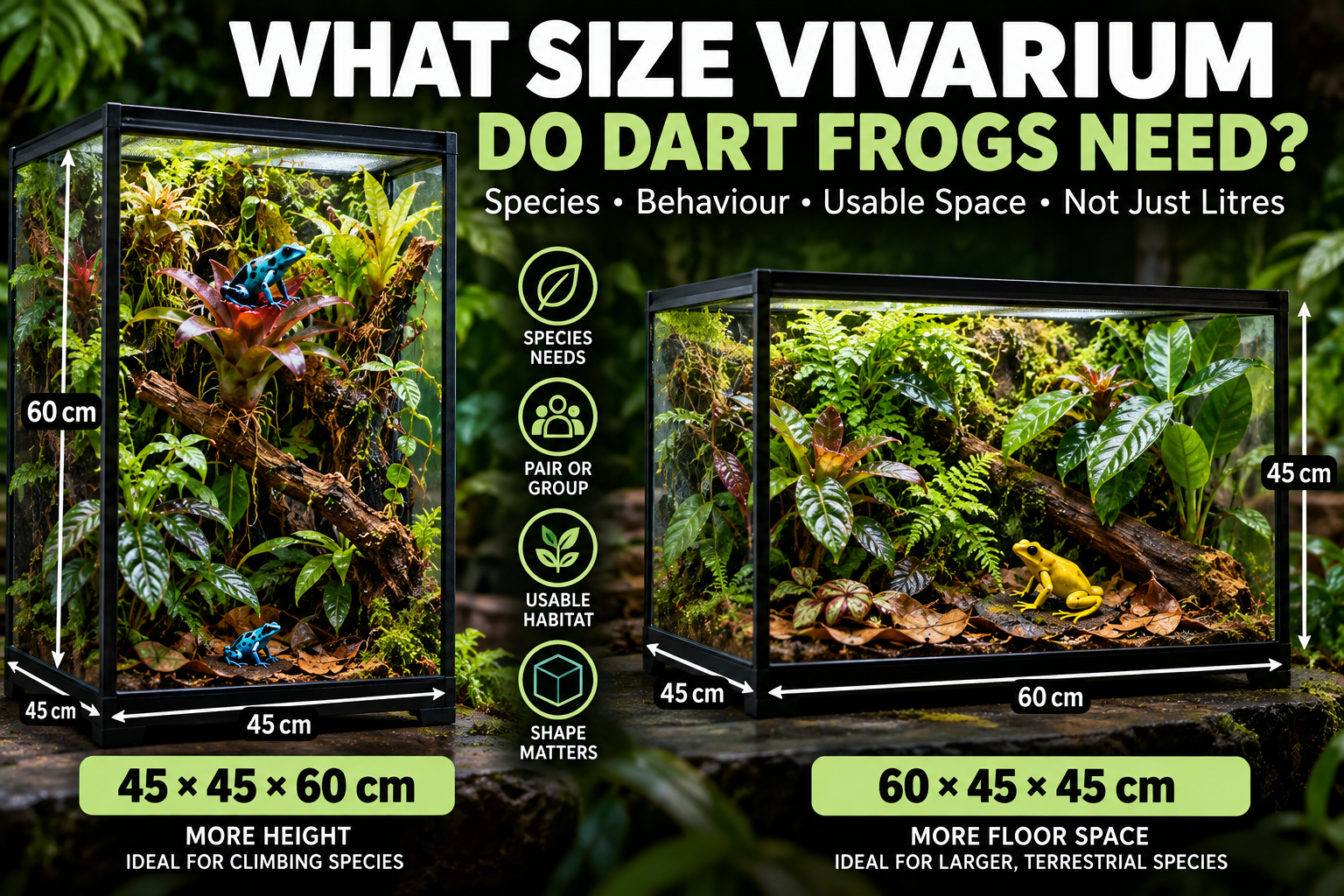 Dart frog vivarium size comparison showing 45 × 45 × 60 cm and 60 × 45 × 45 cm enclosures