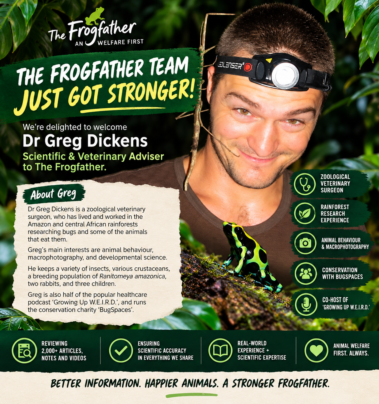 Dr Greg Dickens, zoological veterinary surgeon and Scientific and Veterinary Adviser to The Frogfather, photographed wearing a head torch.