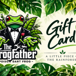 Flat Frogfather digital gift card featuring the green frog mascot in a tuxedo, tropical foliage and Gift Card lettering.