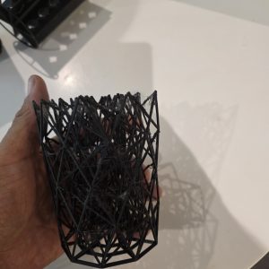 Black PETG 3D printed reusable mesh fruit fly culture insert with open lattice structure, developed at Frogfather HQ